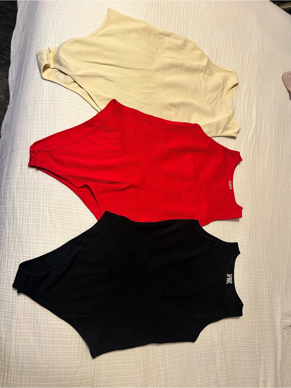 OQQ Ribbed High-Cut Tummy Control Bodysuit- Red, Black, Cream
